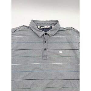 Travis Mathew Mens  Size L Polo Shirt Light Blue Grey Stripe Short Sleeve Golf